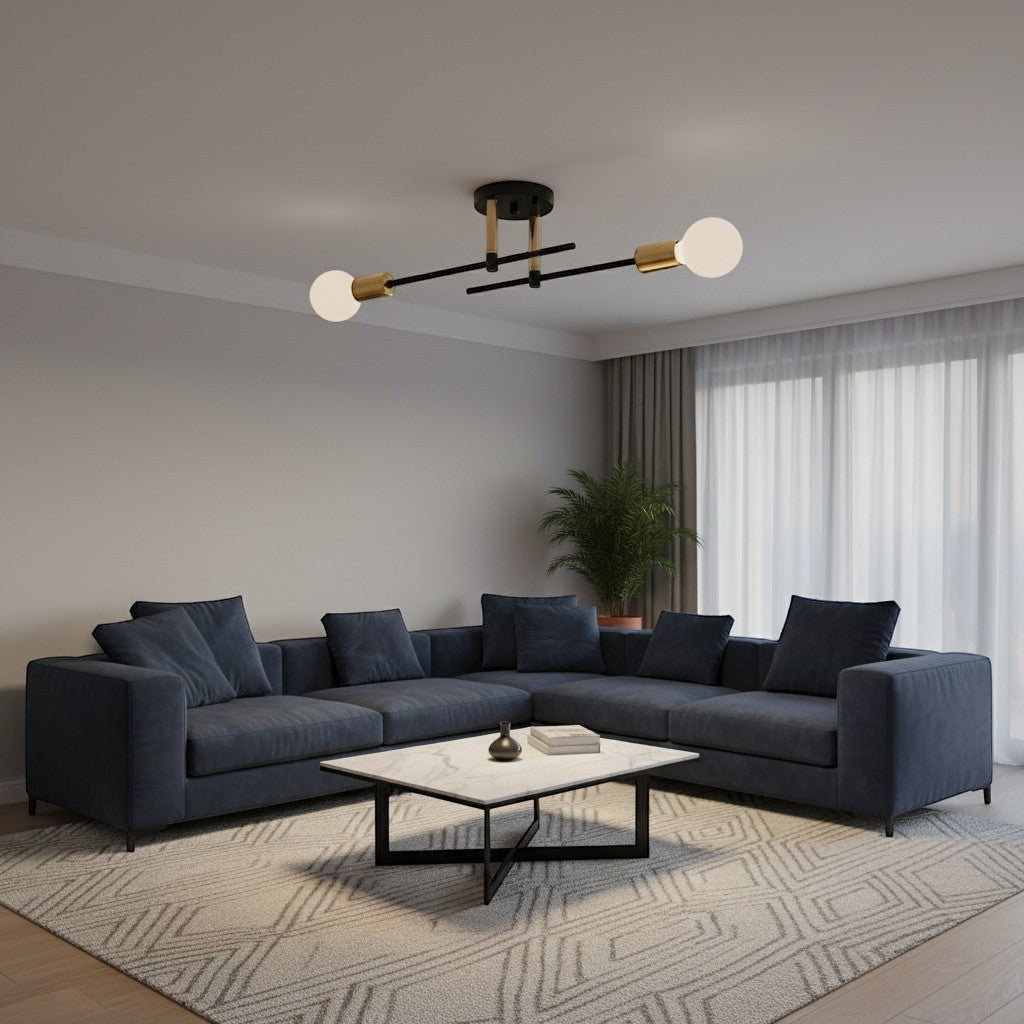 goodlampe black and gold 2-bulb vintage flush mount ceiling light with frosted glass bulbs.