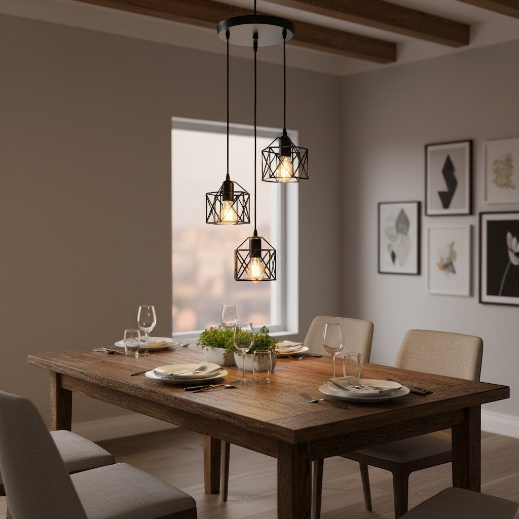goodlampe black metal industrial cage pendant light with 3 E27 bulbs, ideal for vintage or modern decor.
