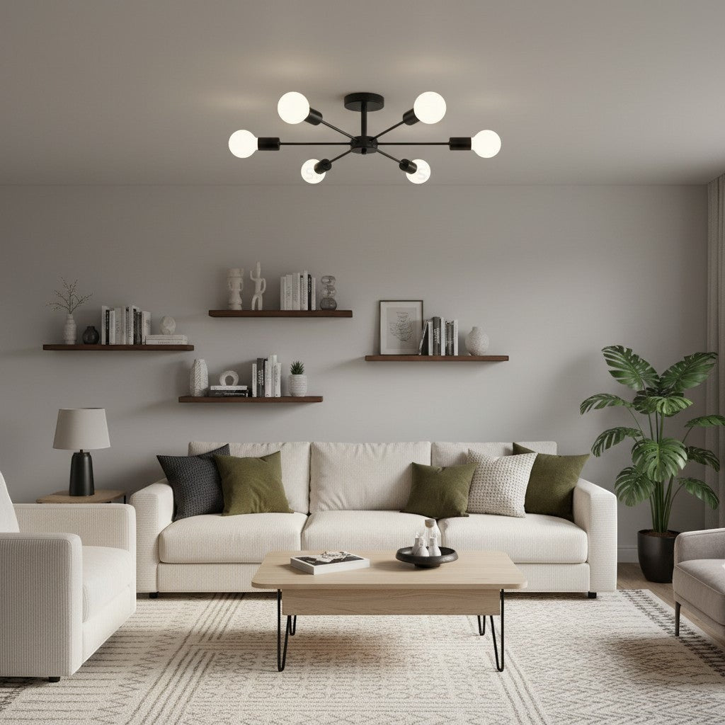 goodlampe black iron Sputnik chandelier with 6 exposed E27 bulbs, modern ceiling light for dining room or restaurant.