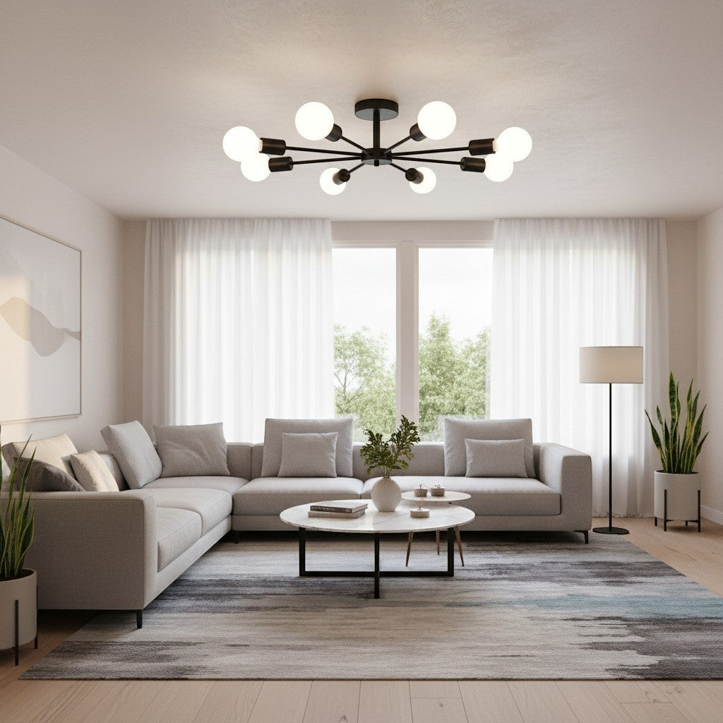 goodlampe black iron Sputnik chandelier with 8 E27 bulbs, modern ceiling light for dining room or living room.