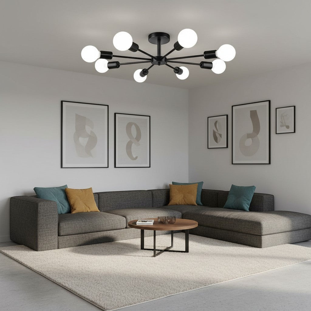 goodlampe black iron Sputnik chandelier with 8 E27 bulbs, modern ceiling light for dining room or restaurant.