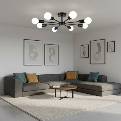 goodlampe black iron Sputnik chandelier with 8 E27 bulbs, modern ceiling light for dining room or restaurant.