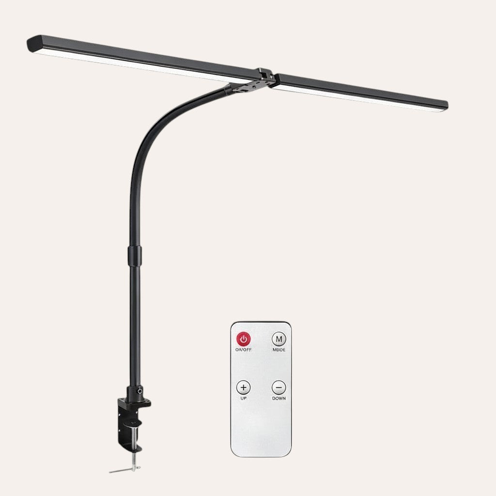 goodlampe black LED architect desk lamp with adjustable brightness and clamp base, includes remote control and power adapter.