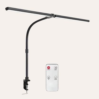 goodlampe black LED architect desk lamp with adjustable brightness and clamp base, includes remote control and power adapter.