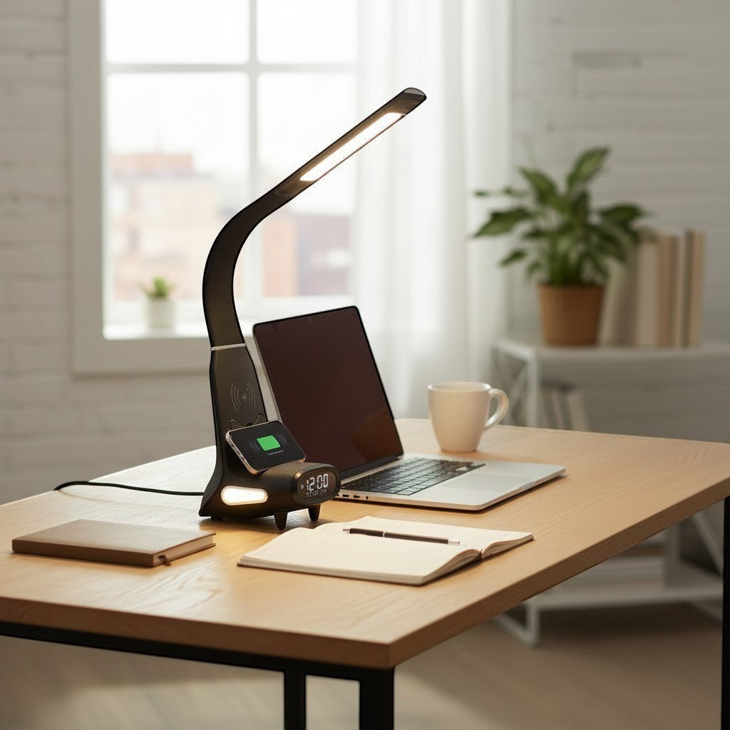 goodlampe black LED desk lamp with wireless charging, USB port, clock, and phone stand. Adjustable brightness and color temperature.