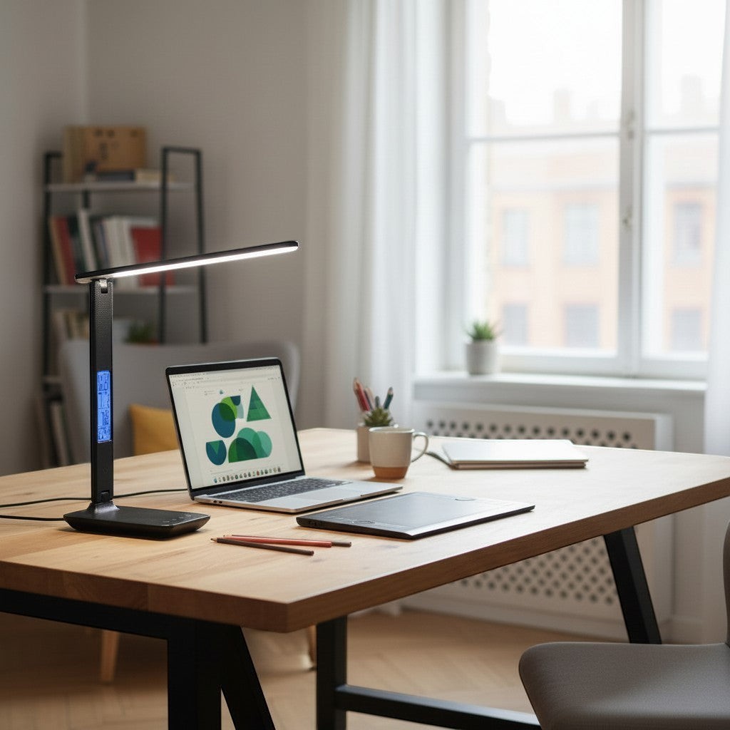 goodlampe black LED desk lamp with wireless charging, calendar, and clock. Adjustable brightness for workspace.