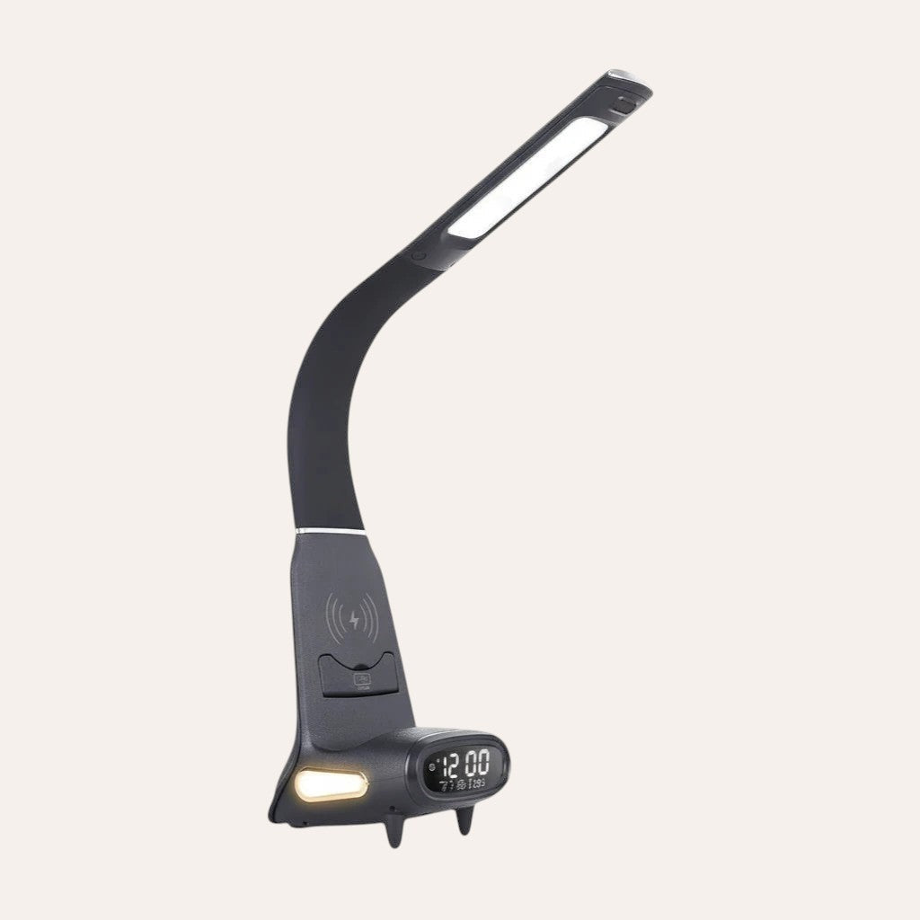 goodlampe modern black LED desk lamp with 15W wireless charging, USB port, and LCD display showing time and date.