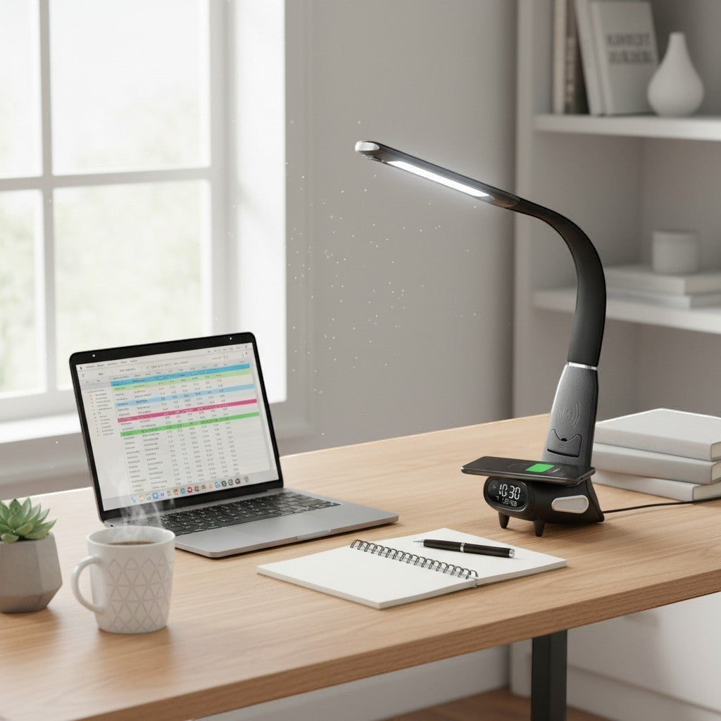 goodlampe black LED desk lamp with wireless charging, USB port, and LCD display showing time and date.
