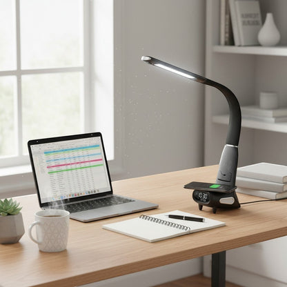 goodlampe black LED desk lamp with wireless charging, USB port, and LCD display showing time and date.