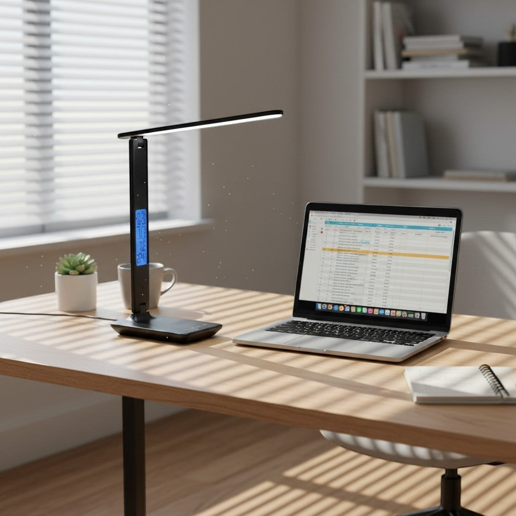 goodlampe black LED desk lamp with wireless charging, calendar, clock, and adjustable brightness.