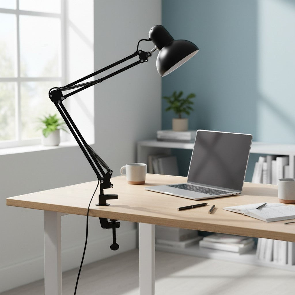 goodlampe black metal adjustable desk lamp with flexible arm and clamp base, E27 socket