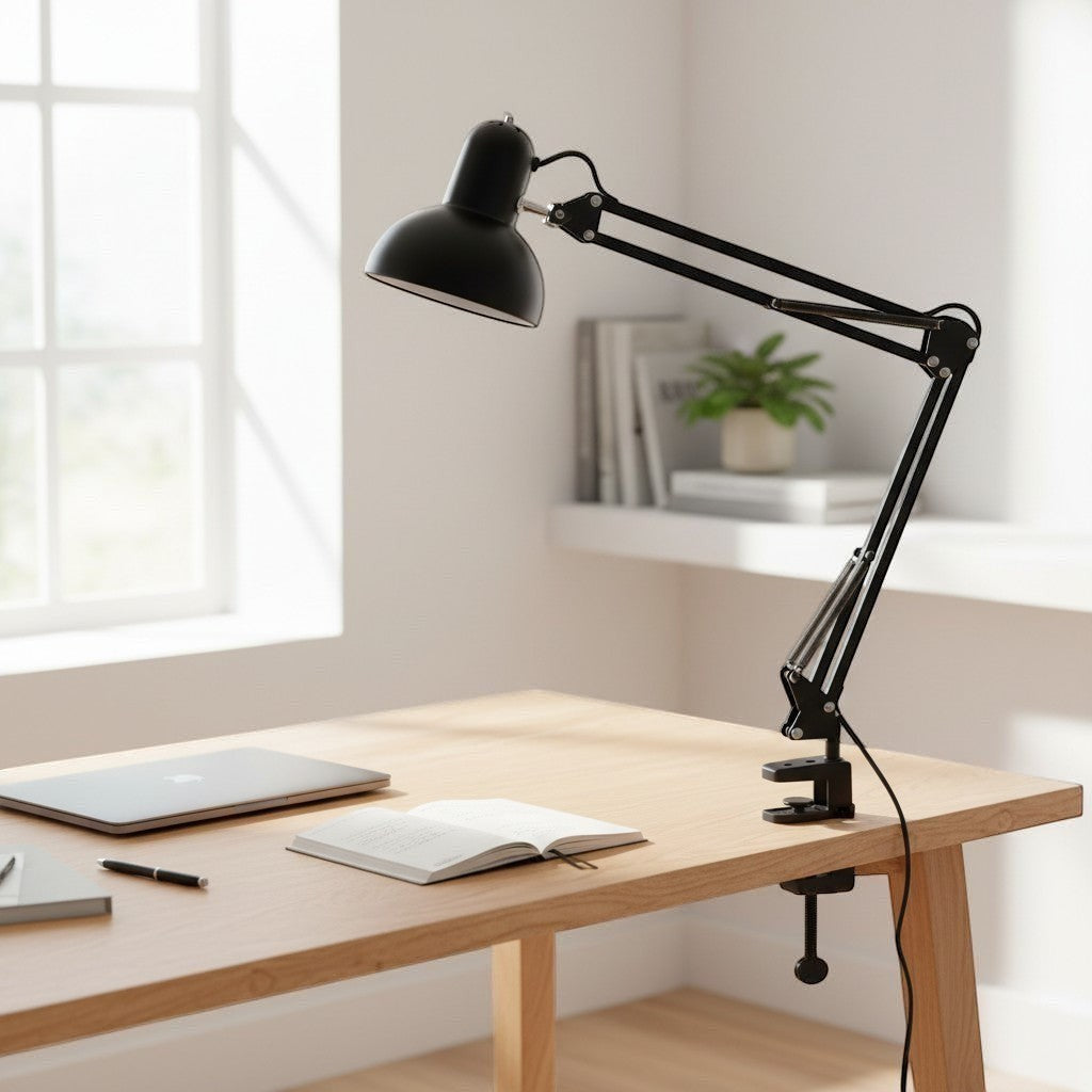 goodlampe black metal adjustable desk lamp with flexible arm and clamp base, E27 socket