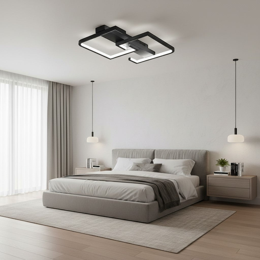 goodlampe black metal Nordic style LED ceiling light with two interlocking square frames, dimmable with remote