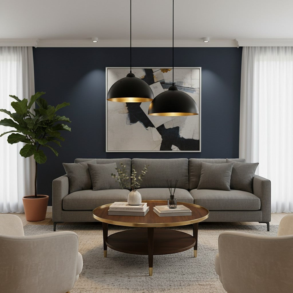 goodlampe black retro Nordic industrial pendant light with gold interior, metal dome shade.