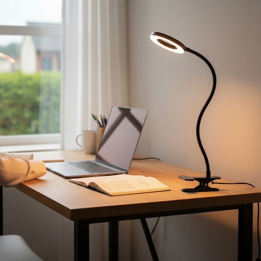 goodlampe black clip-on reading lamp with flexible gooseneck and ring light, 3 color temps, 10 brightness levels.