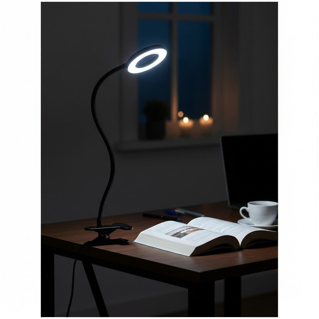 goodlampe black clip-on reading lamp with flexible gooseneck and 3 color temperature LED ring light.