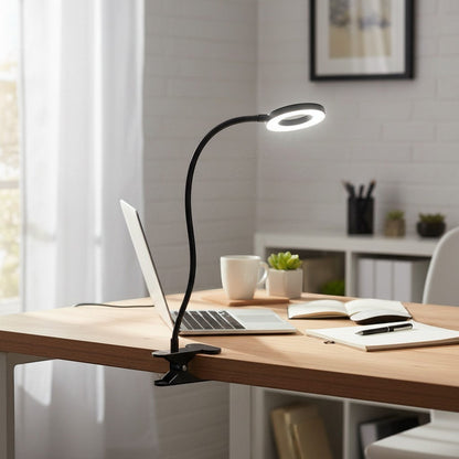 goodlampe black clip-on reading lamp with flexible gooseneck and 3 color temperature LED ring light.