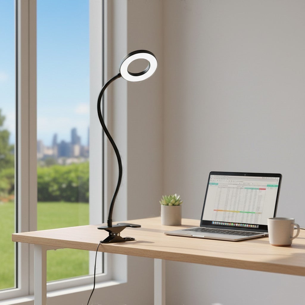goodlampe black clip-on reading lamp with flexible gooseneck and ring light, 3 color modes, 10 brightness levels.