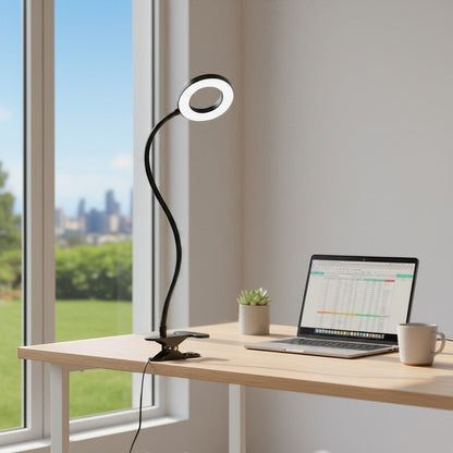goodlampe black clip-on reading lamp with flexible gooseneck and ring light, 3 color modes, 10 brightness levels.