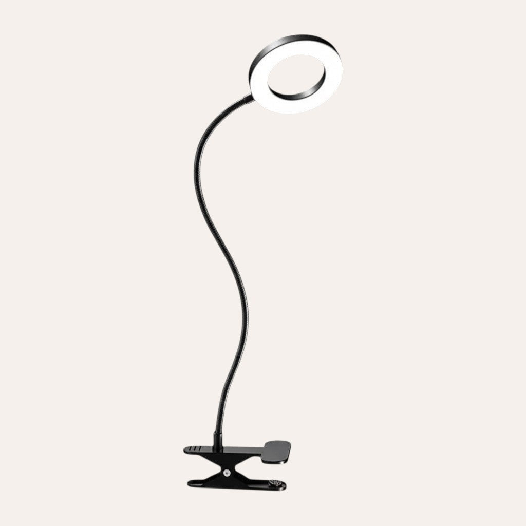 goodlampe black clip-on reading lamp with flexible gooseneck, 3 color modes and 10 brightness levels.