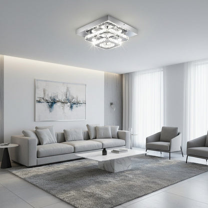goodlampe modern silver stainless steel flush mount ceiling light with K9 crystal accents, 30cm