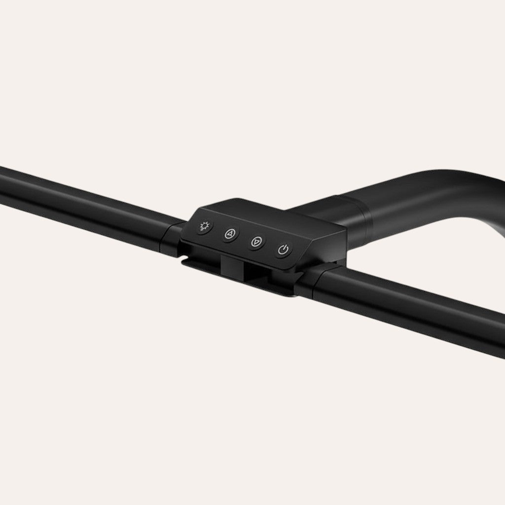 goodlampe black LED desk lamp with dual heads, adjustable brightness and color temperature, and a clamp base.