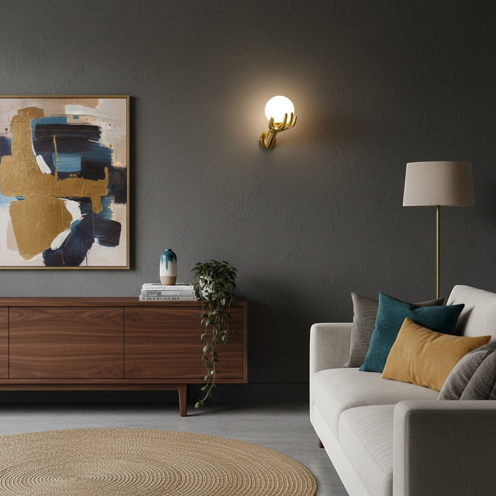 goodlampe gold resin hand holding frosted glass globe LED wall light