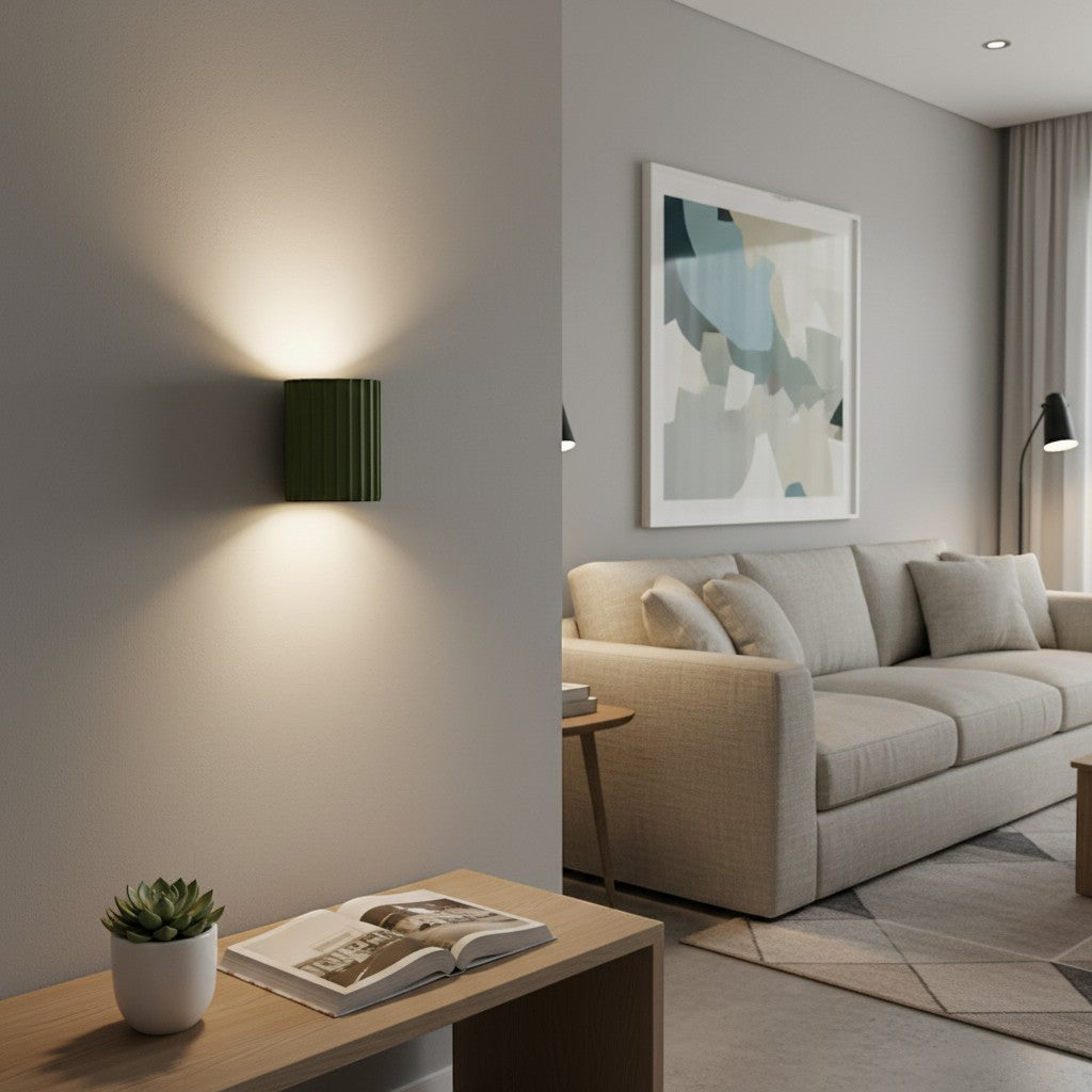 goodlampe green resin wall sconce with vertical ribbed texture, modern Nordic style for bedroom lighting.