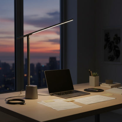goodlampe grey adaptive LED desk lamp with USB charging, dimmable and foldable design
