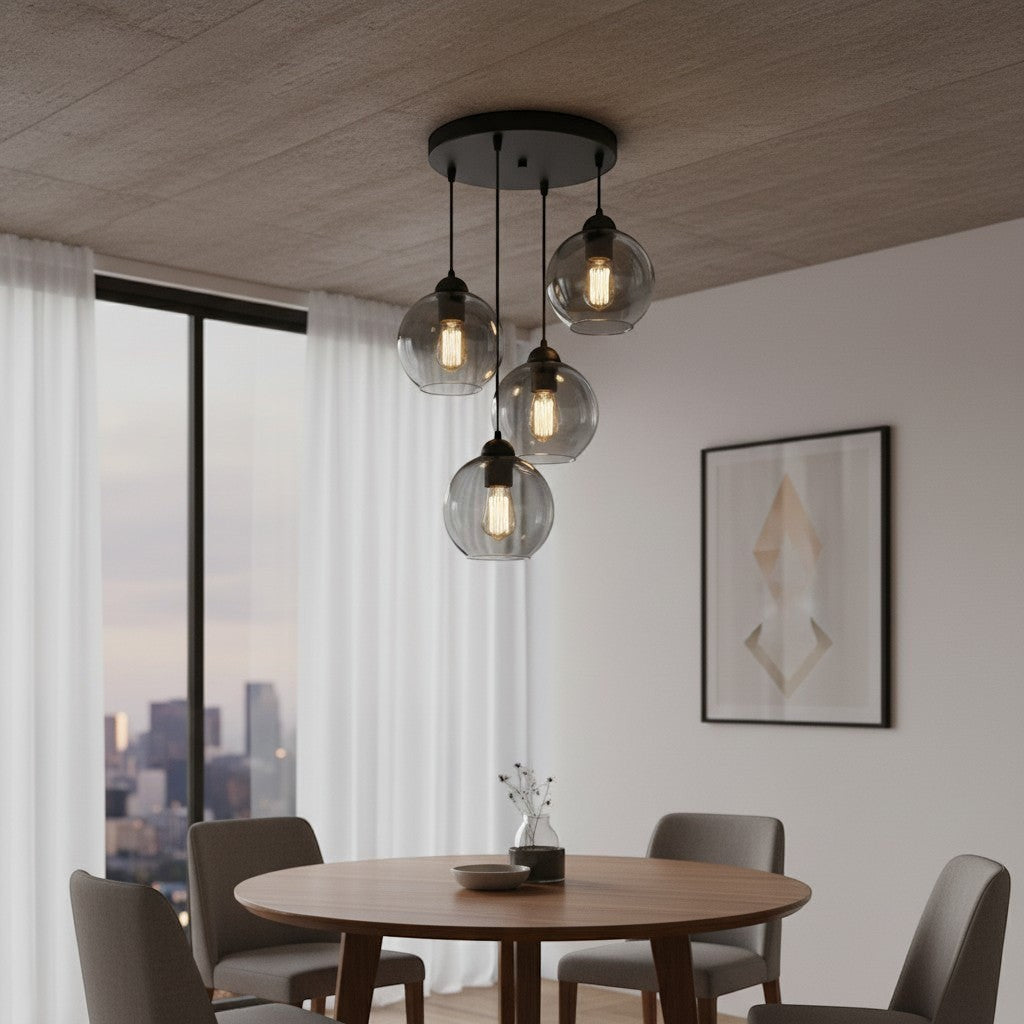 goodlampe grey glass pendant light with 4 E27 bulbs, modern Nordic style