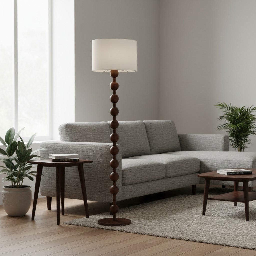 goodlampe lampadaire Bauhaus en bois avec abat-jour blanc en tissu, design perles, idéal salon/chambre.