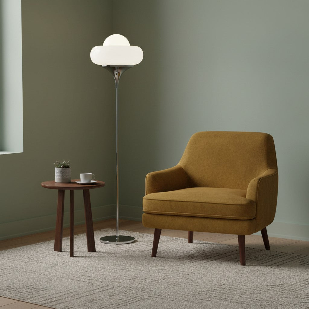 goodlampe lampadaire Bauhaus en métal noir avec abat-jour rond blanc diffusant une lumière douce.