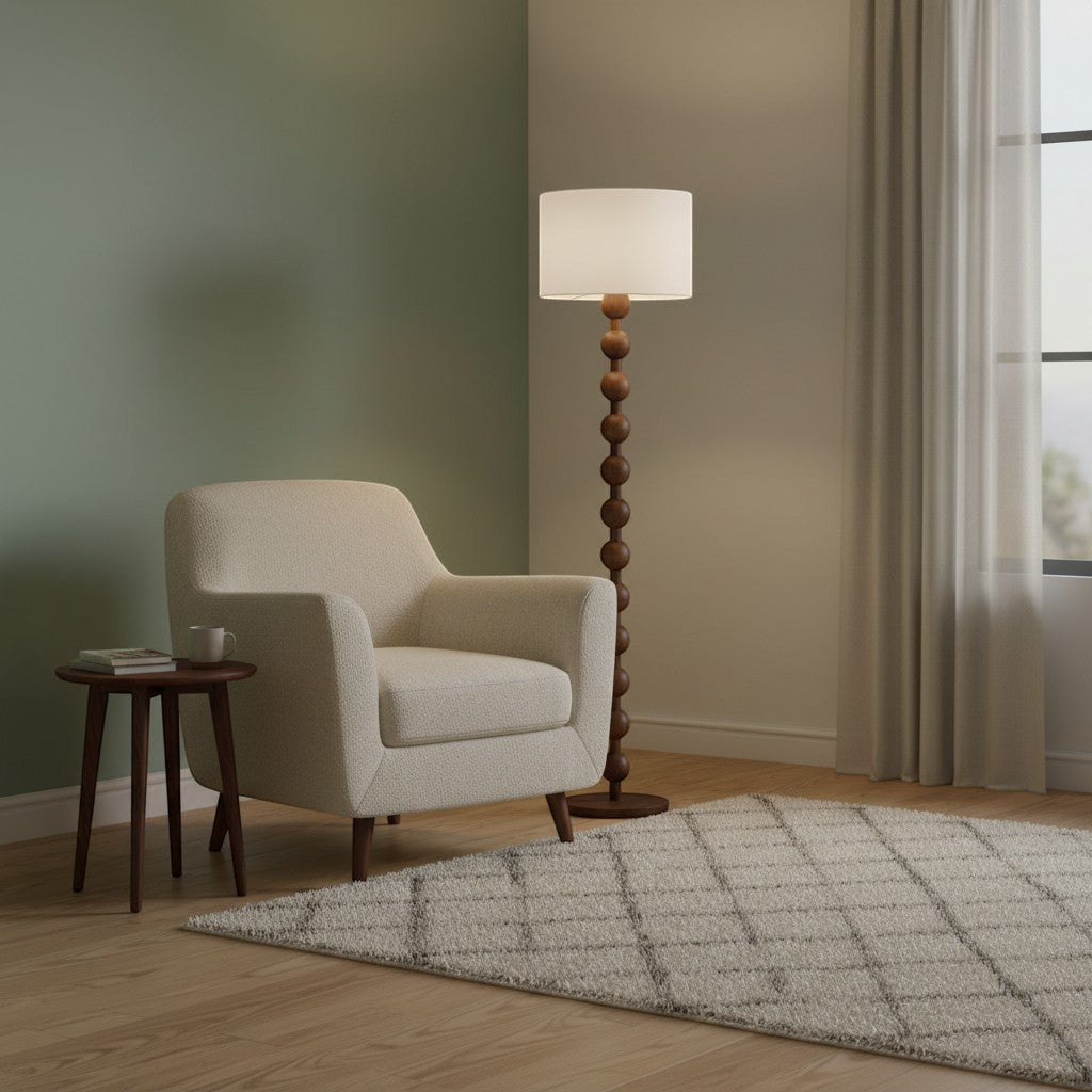goodlampe lampadaire Bauhaus en bois avec abat-jour blanc en tissu, design perles empilées, style milieu de siècle.