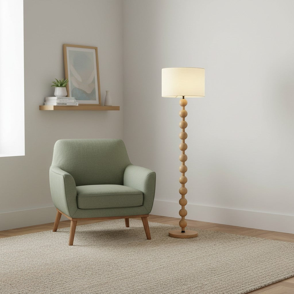 goodlampe lampadaire Bauhaus en bois avec abat-jour cylindrique en tissu de couleur crème, structure en perles de bois