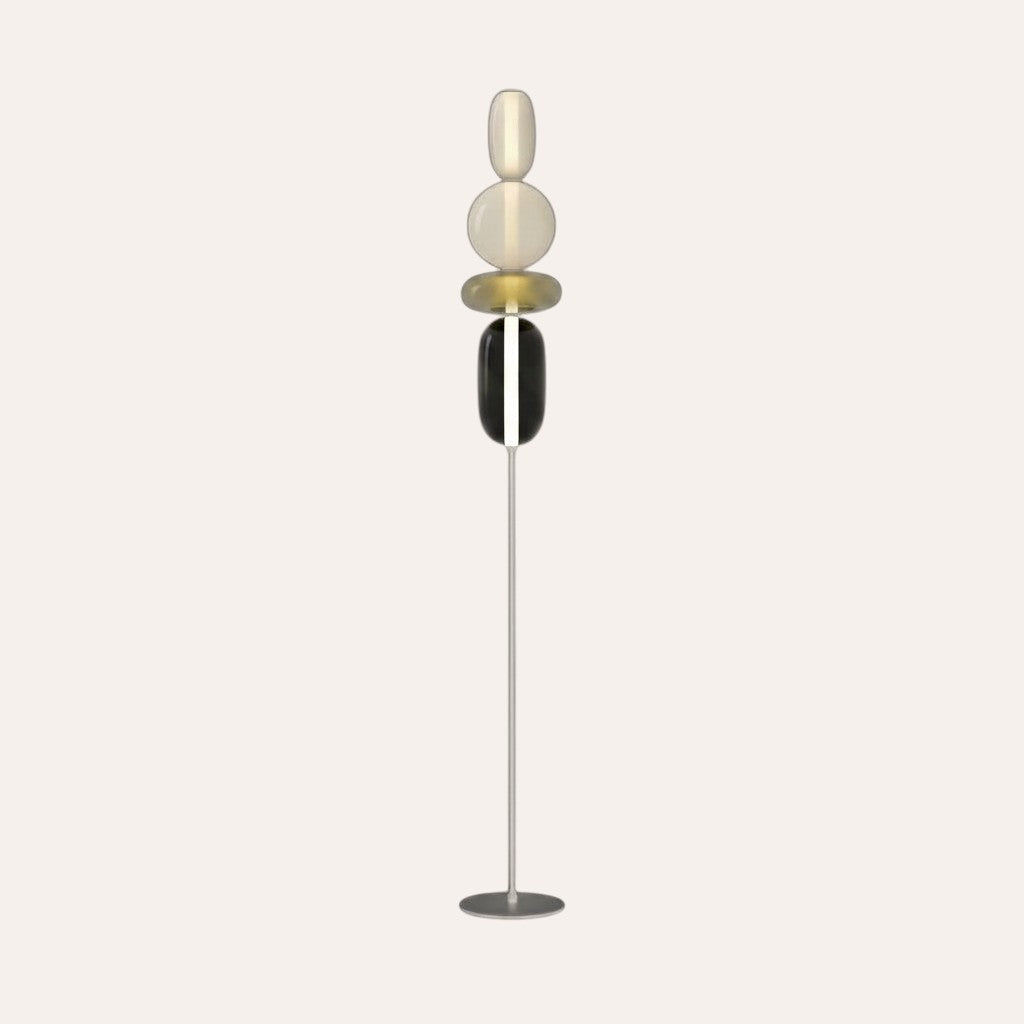 Lampadaire design italien goodlampe avec boules en verre superposées et structure fine en métal noir et blanc