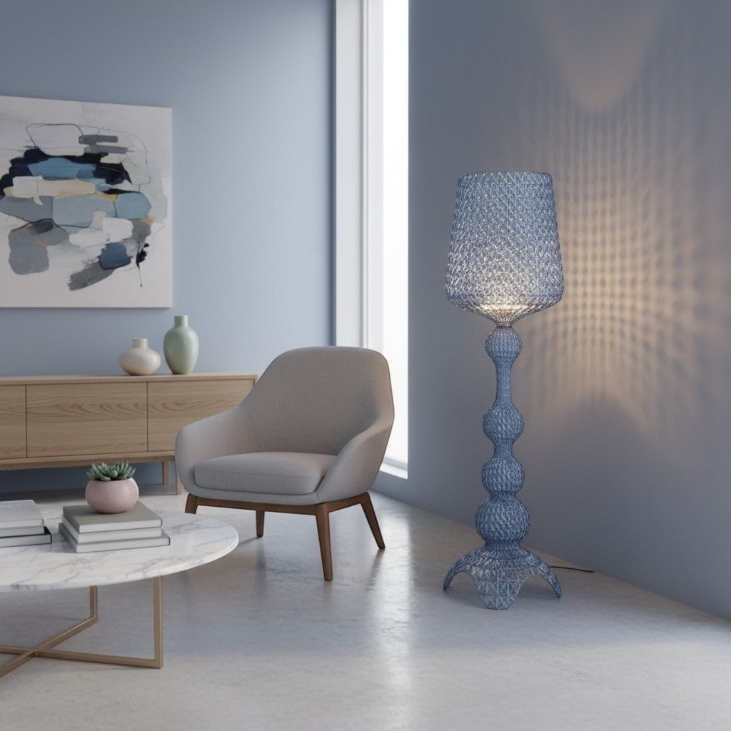 goodlampe lampadaire LED de luxe en acrylique bleu avec un design ajouré et une base décorative.