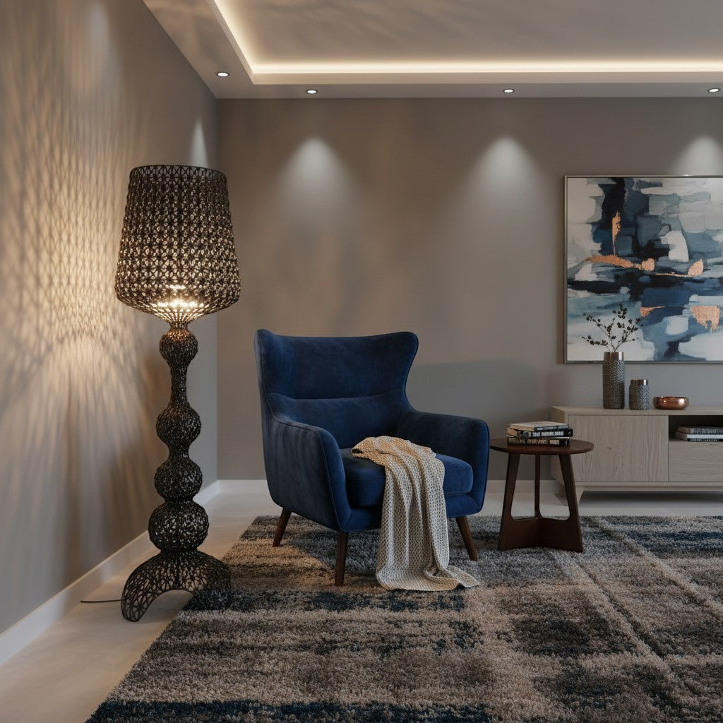 goodlampe lampadaire LED noir ajouré en acrylique et ABS, style luxe moderne, idéal salon ou salle à manger.