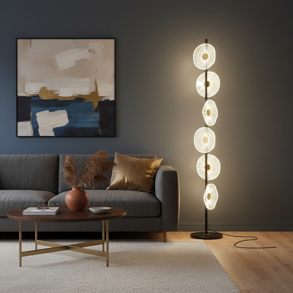goodlampe lampadaire LED moderne blanc et doré en acrylique et fer, design artisanal avec 6 diffuseurs circulaires