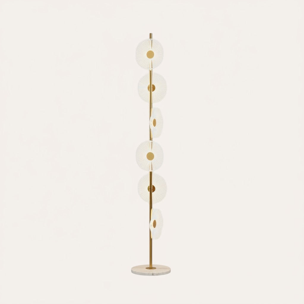 Lampadaire goodlampe moderne en acrylique et fer, 6 disques lumineux blancs avec centre doré, base en marbre.