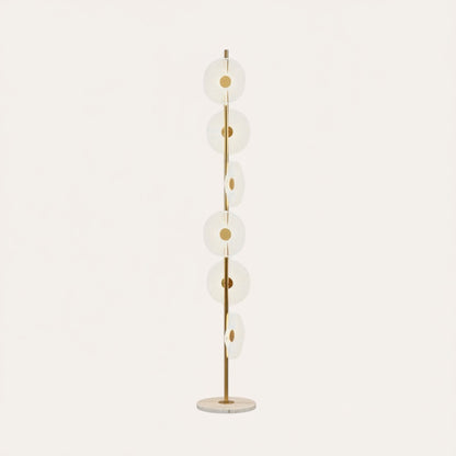 Lampadaire goodlampe moderne en acrylique et fer, 6 disques lumineux blancs avec centre doré, base en marbre.