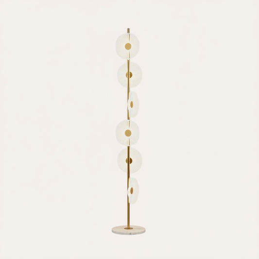 Lampadaire goodlampe moderne en acrylique et fer, 6 disques lumineux blancs avec centre doré, base en marbre.