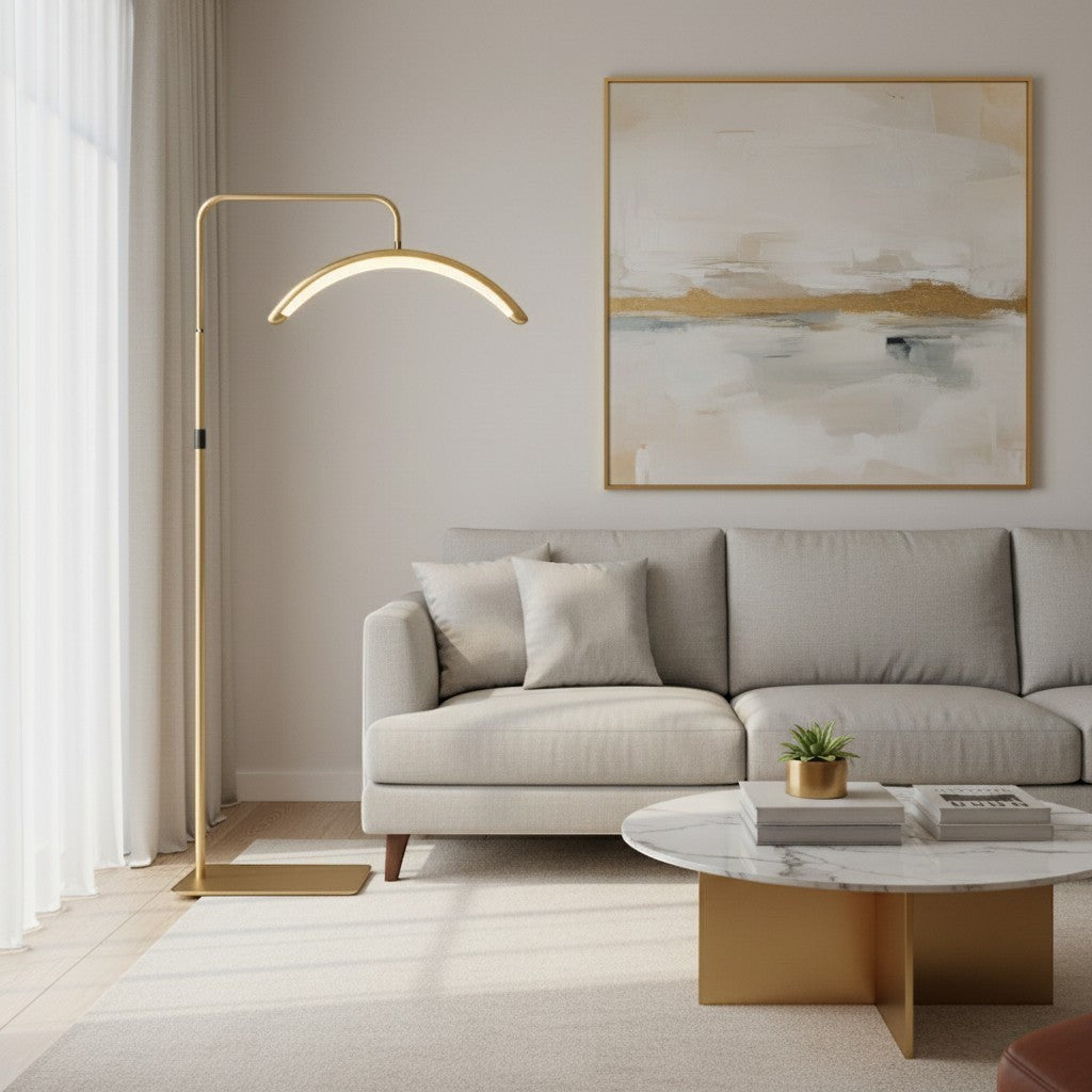 goodlampe lampadaire LED demi-lune doré 36W sur trépied 180cm, éclairage moderne pour intérieur.