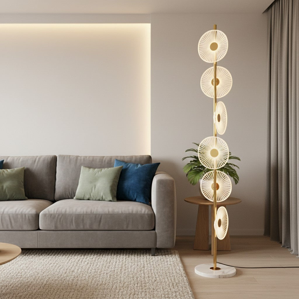 goodlampe lampadaire LED moderne en acrylique et fer avec abat-jour circulaire blanc et détails dorés, éclairage haut et bas.