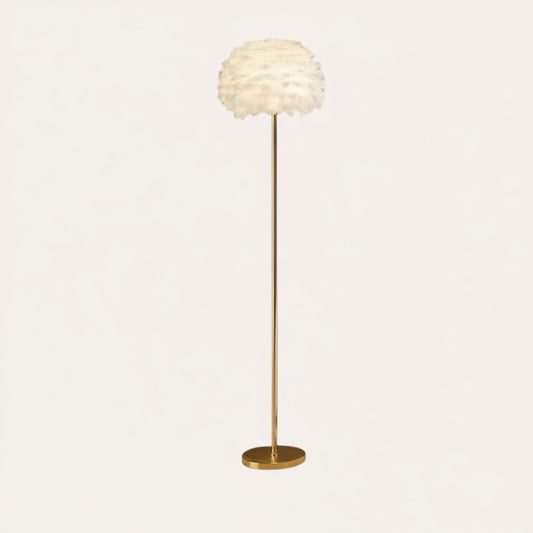 goodlampe lampadaire LED blanc en plumes, design nordique minimaliste, abat-jour rond, pied fin doré, idéal salon et chambre