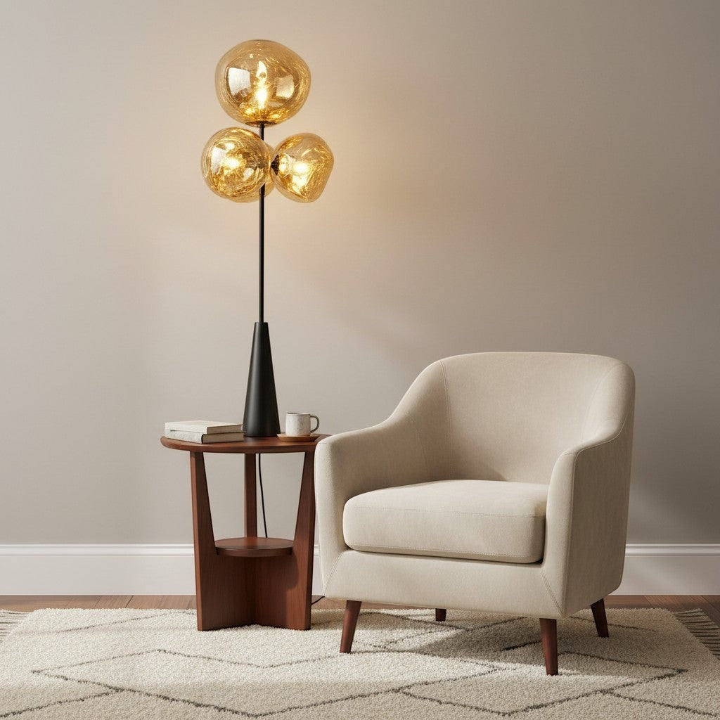 goodlampe lampadaire moderne en alliage avec abat-jour sphérique doré texturé, base noire conique