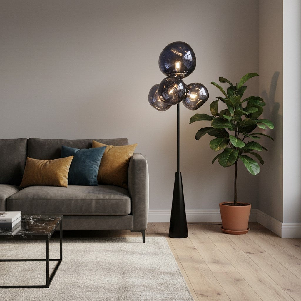 goodlampe lampadaire moderne en alliage avec abat-jour sphérique bleu marbré et base conique noire