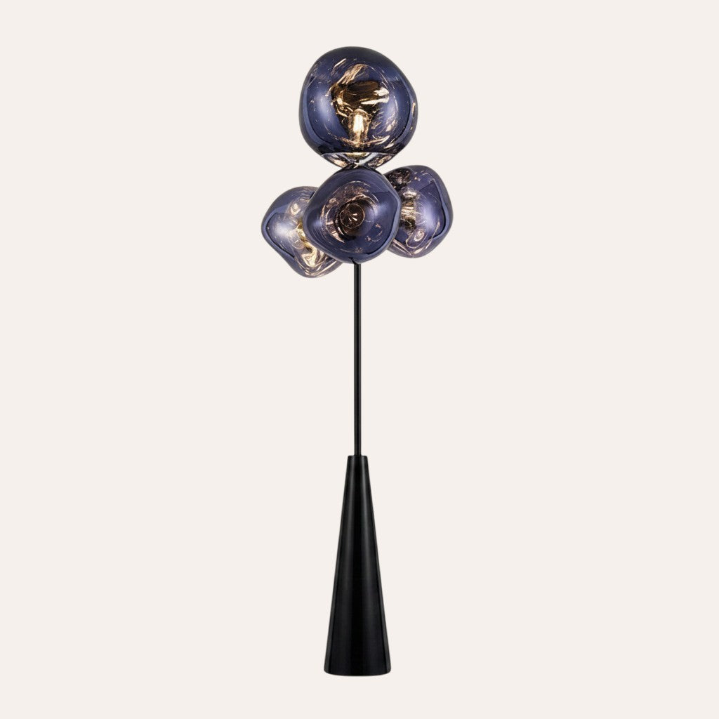 goodlampe lampadaire moderne en alliage avec 4 globes bleus marbrés et une base conique noire.