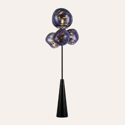 goodlampe lampadaire moderne en alliage avec 4 globes bleus marbrés et une base conique noire.