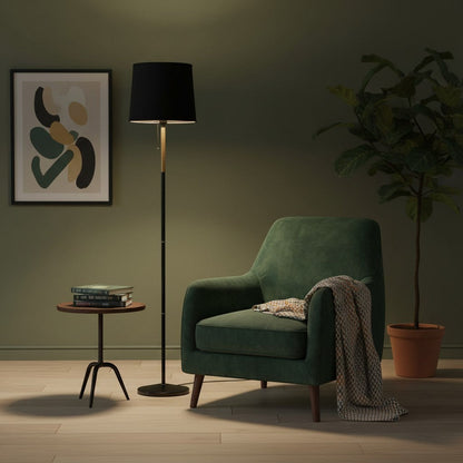 goodlampe lampadaire moderne noir avec abat-jour cylindrique en tissu et détails en bois, éclairage haut et bas.