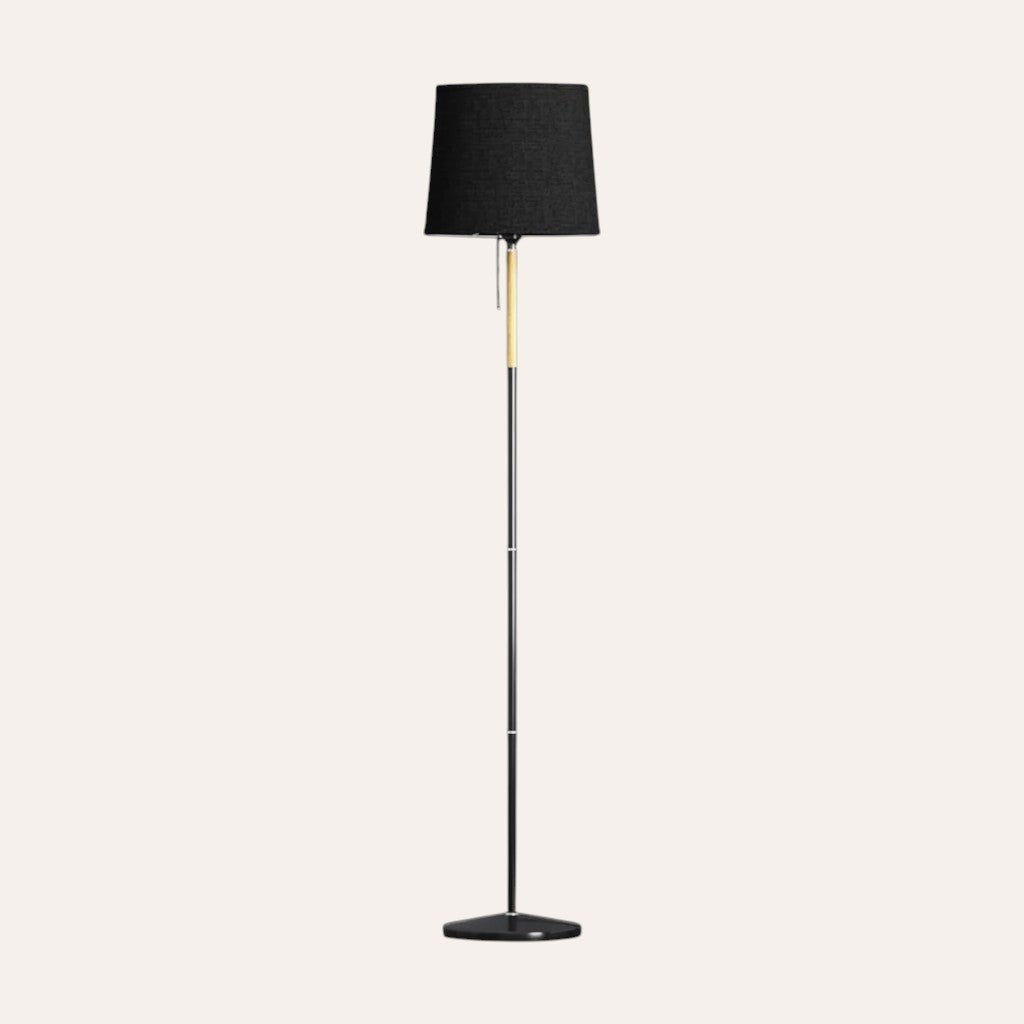 goodlampe lampadaire moderne noir avec abat-jour cylindrique en tissu et détails en bois, éclairage diffus haut et bas.